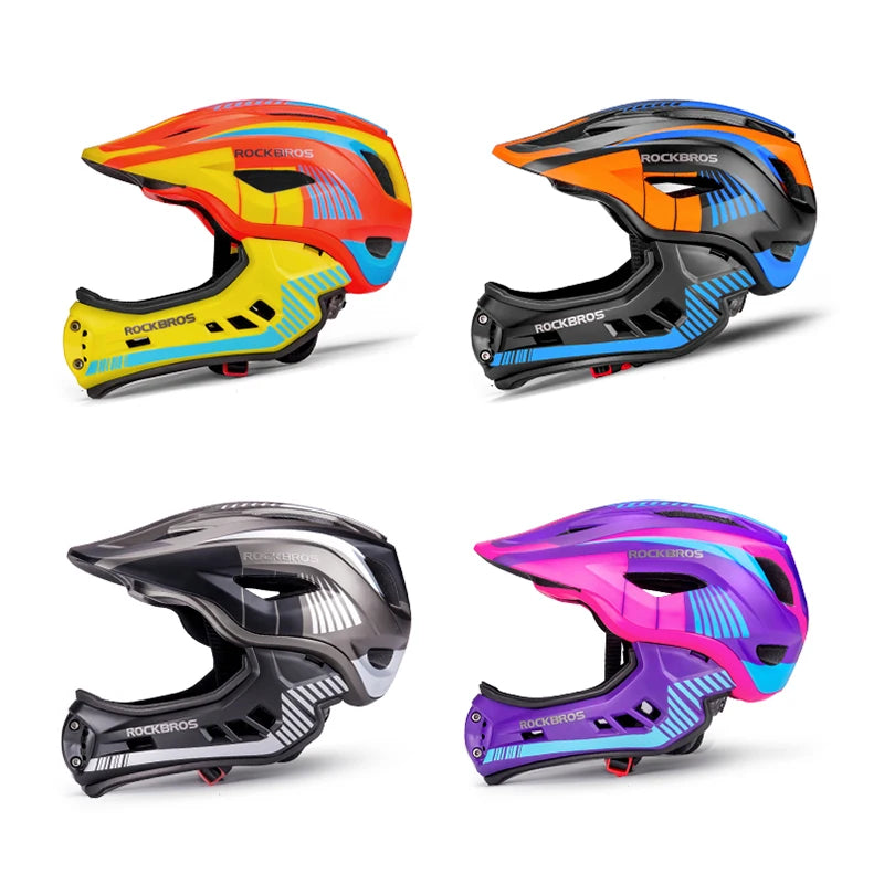 4 ROCKBROS child full-face cycling helmets in yellow/red, orange/blue, gray, and pink/purple.