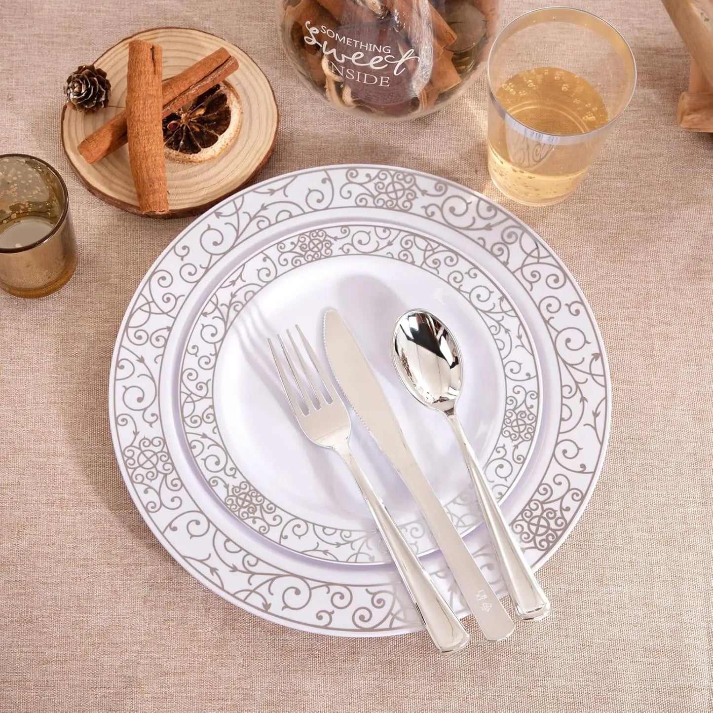 LIYH 700 Pcs Silver Plastic Disposable Dinnerware Set for 100 Guests - Includes Plates, Cups, Napkins and Cutlery Elegant White by S And B Enterprise