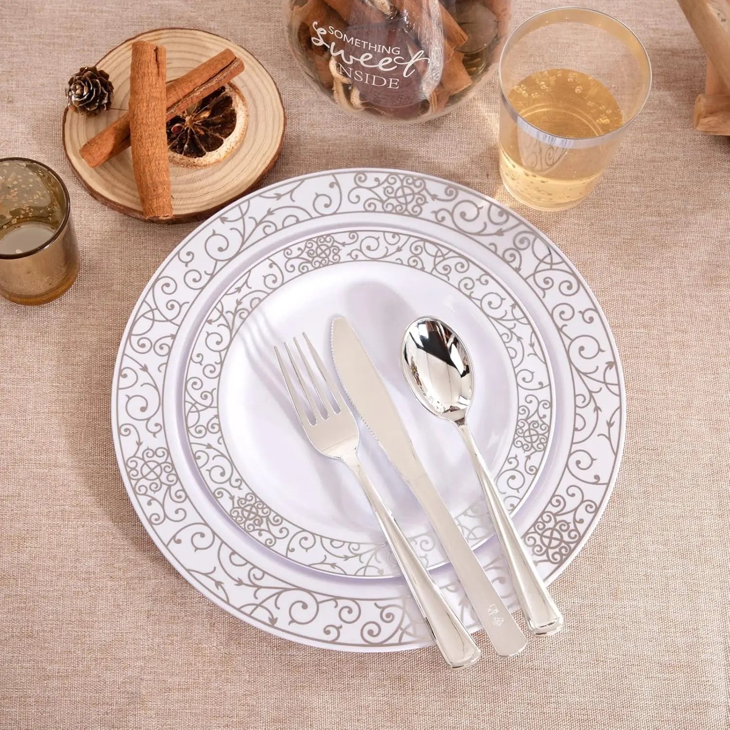 LIYH 700 Pcs Silver Plastic Disposable Dinnerware Set for 100 Guests - Includes Plates, Cups, Napkins and Cutlery Elegant White by S And B Enterprise