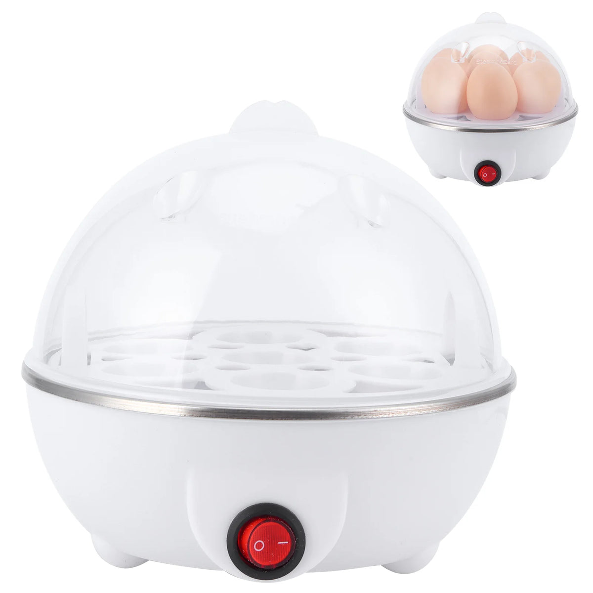 Electric egg cooker with white dome lid and red on/off switch, eggs inside.