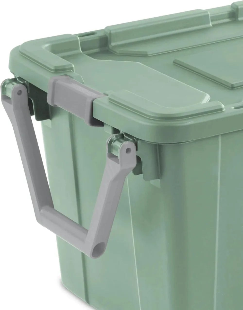 40Gal wheeled storage tote, sage green, stackable plastic bin with gray lift handles