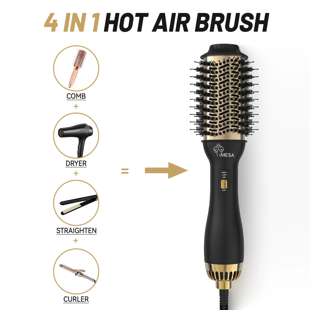 iMESA One-Step Hot Air Brush&Volumizer PLUS 2.0 Hair Dryer and Hair Styler New Black Golden Hair Curler Brush