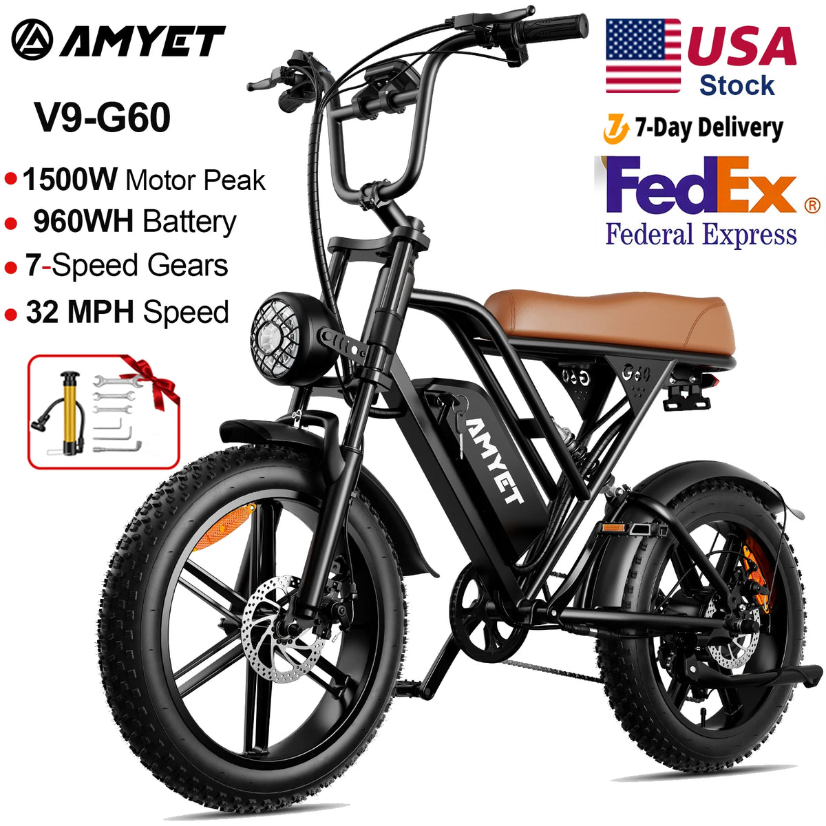 AMYET V9-G60 adult electric bike, black frame with tan saddle, 1500W peak motor, 960Wh battery