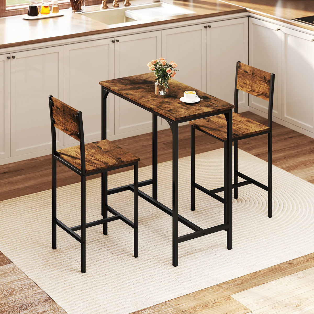 3-Piece bar table and two stools set with rustic wood tops and black metal frames