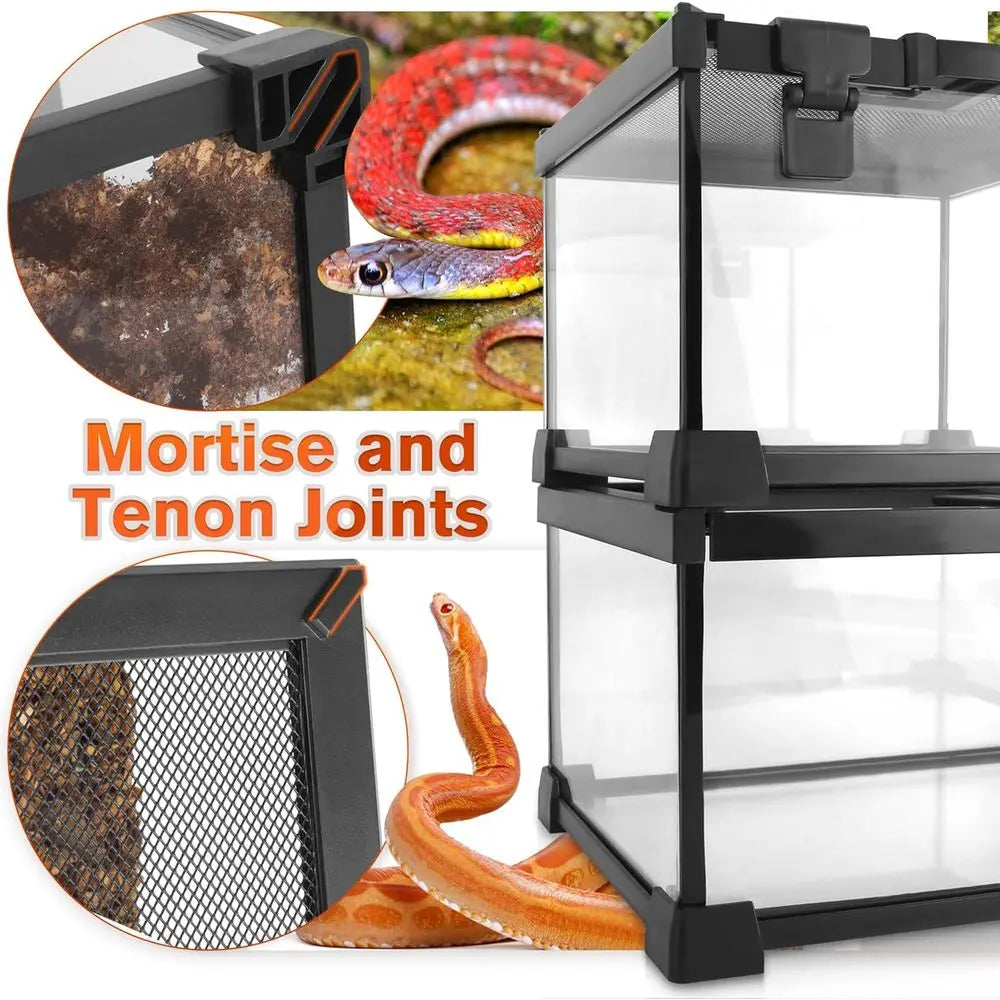 Reptile Glass Terrarium Full View Tank With Feeding Slot Stackable