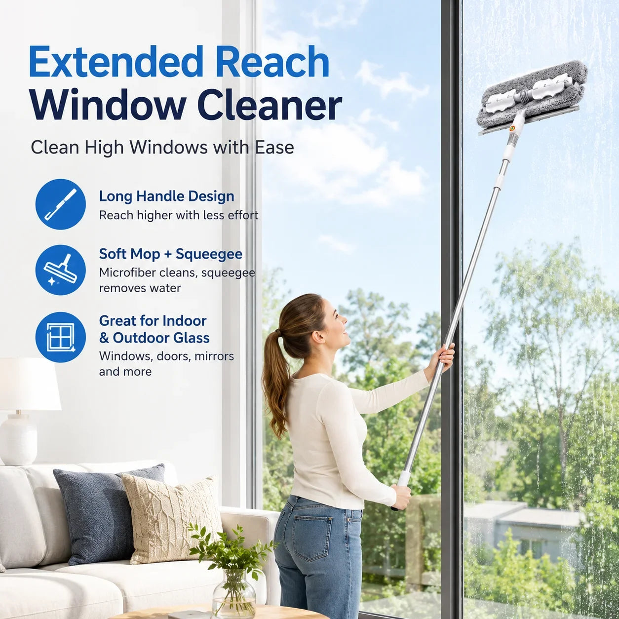 Joybos 2-in-1 window squeegee with 53-inch extendable pole, clip-on microfiber pad, rotating head for glass cleaning