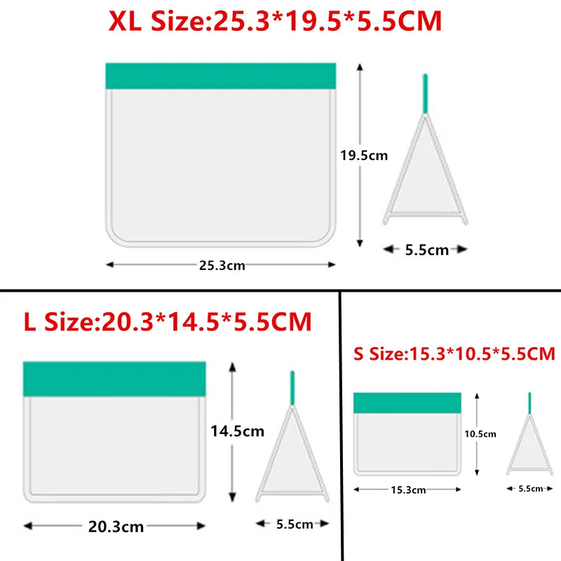 Set of three S And B Enterprise reusable silicone PEVA food storage bags; leakproof stand-up zip bags with teal tops in XL/L/S sizes