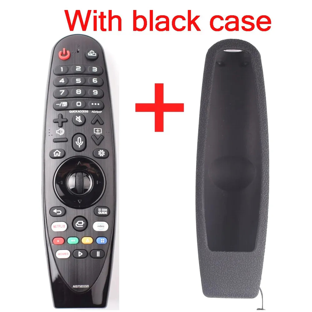 AKB75855501 smart TV remote with voice and cursor, shown with black case
