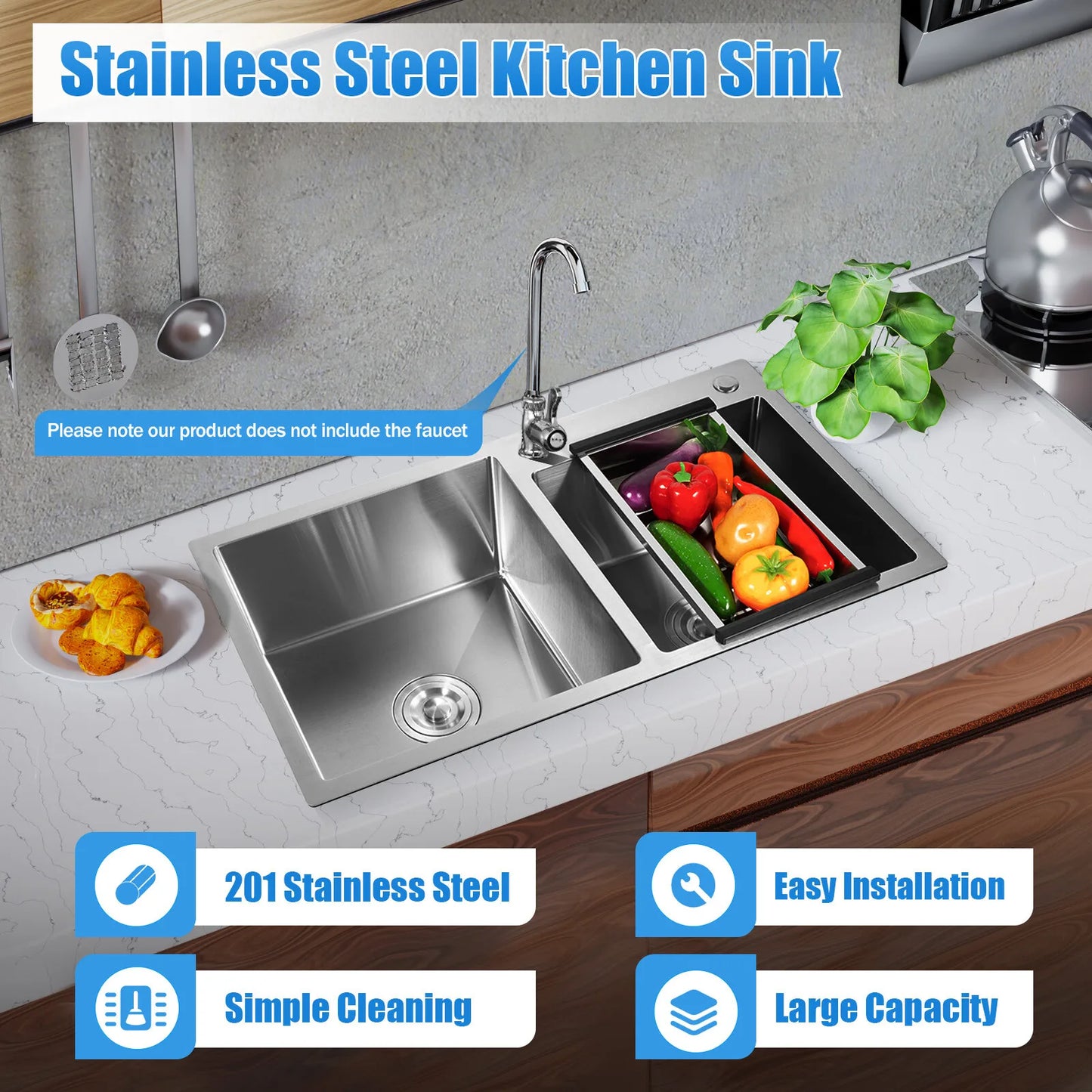 Stainless Steel Double Bowl Drop-In Kitchen Sink With Noise Reduction