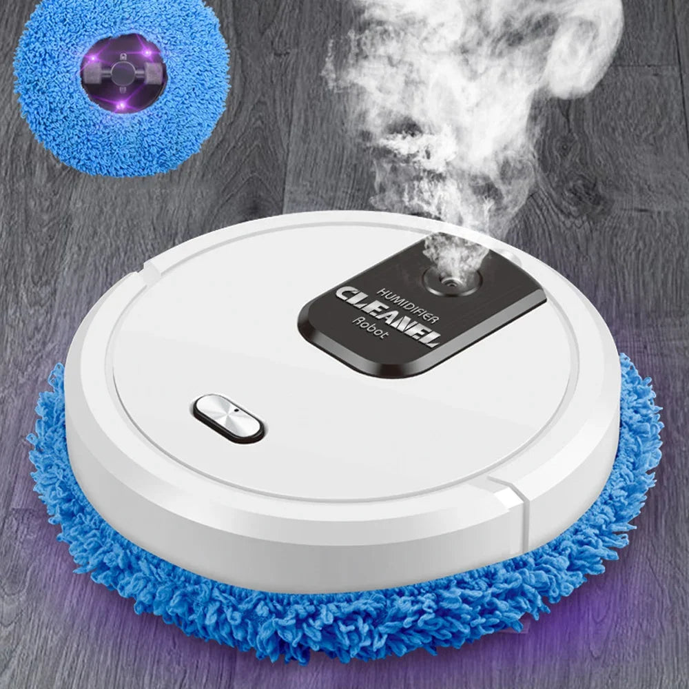 Robot vacuum with blue microfiber edge mop pad, white circular body