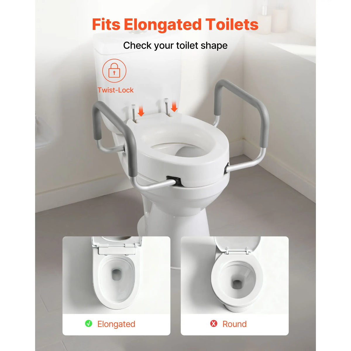 Raised Toilet Seat with Arms by S And B Enterprise, fits elongated toilets with gray padded handles