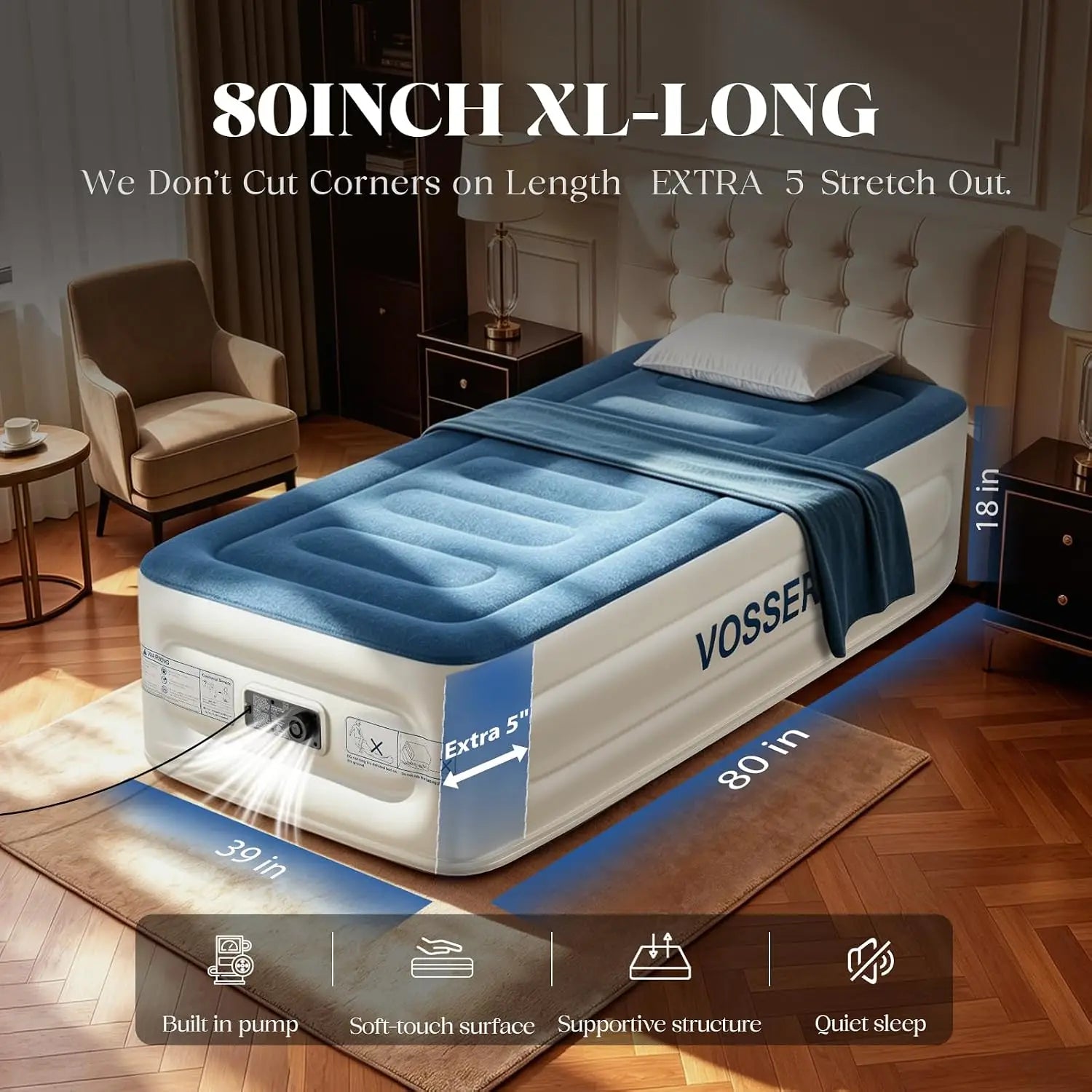 Twin air mattress with built-in pump, 18in raised, blue top, waterproof and extra thick