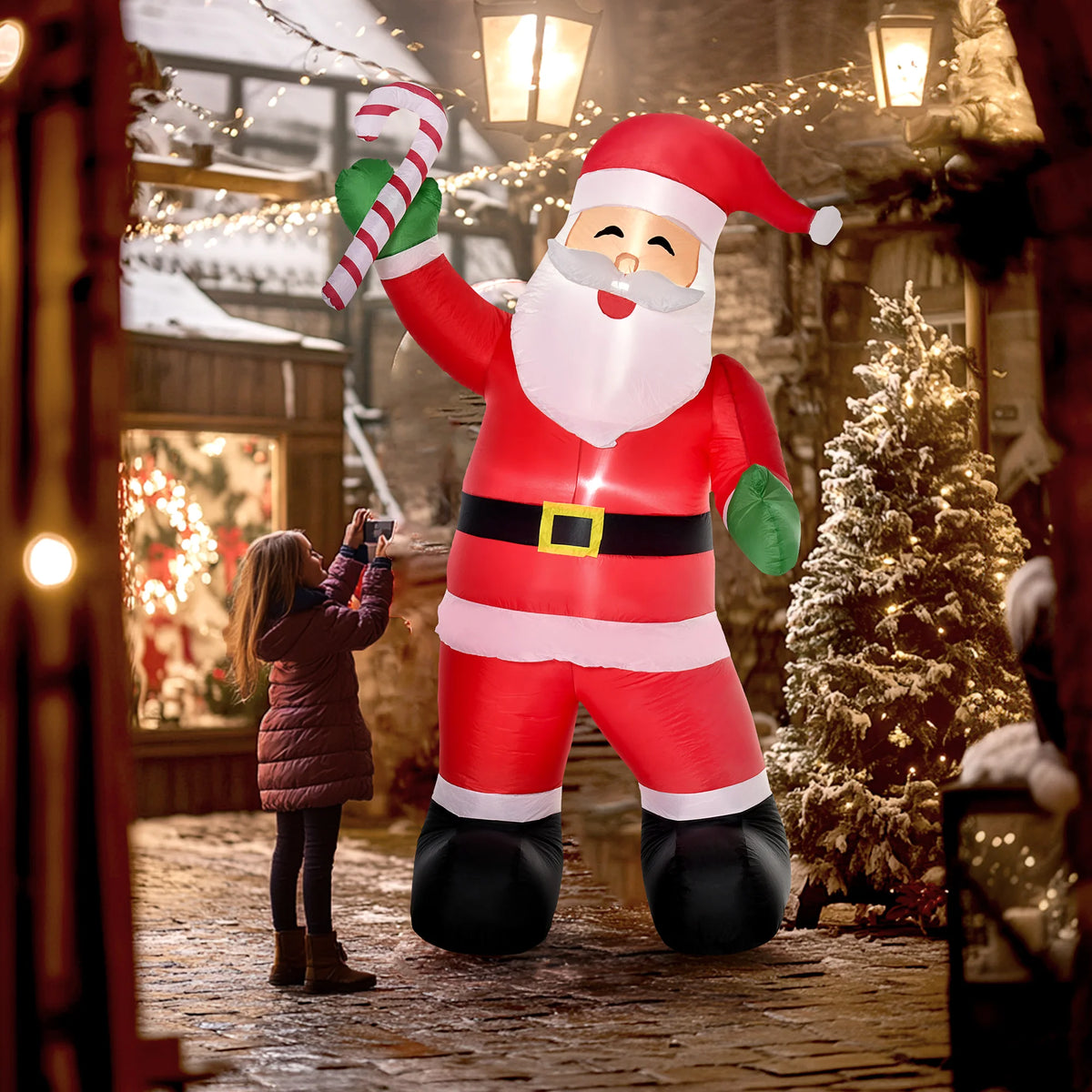 8 ft inflatable Santa Claus with candy cane prop and outdoor LED lights