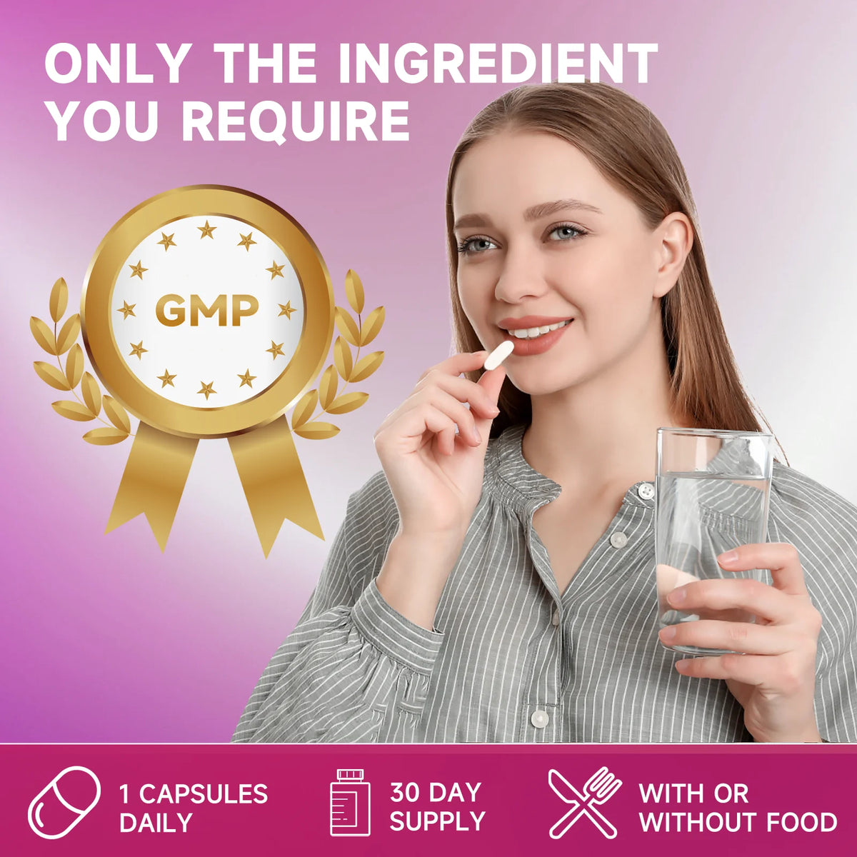 Fmlave Women's Probiotic capsule by S And B Enterprise with glass of water and GMP seal on pink gradient background