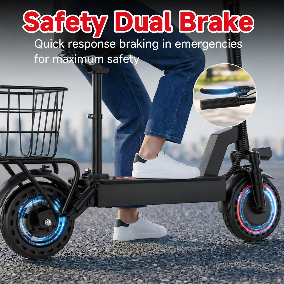 Electric folding bike by S And B Enterprise with front basket, 10-inch solid tires, and blue rim accents