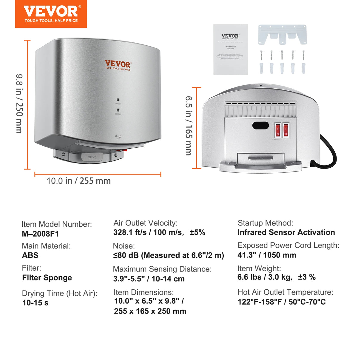 VEVOR hand dryer, 1400W automatic warm wind, wall-mounted with mounting bracket and screws