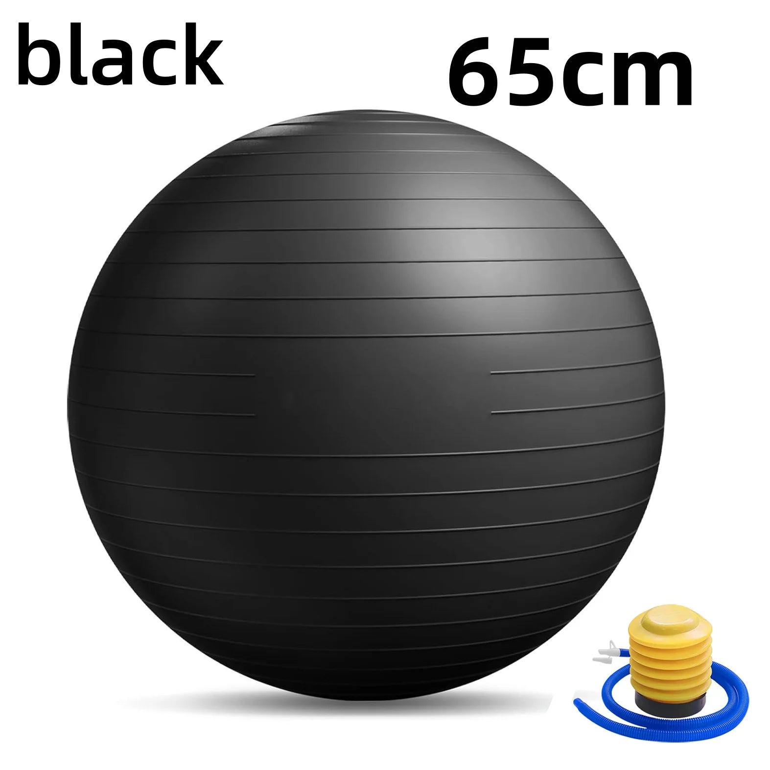 Inflatable yoga ball, black 65cm, explosion-proof, with yellow hand pump and blue hose