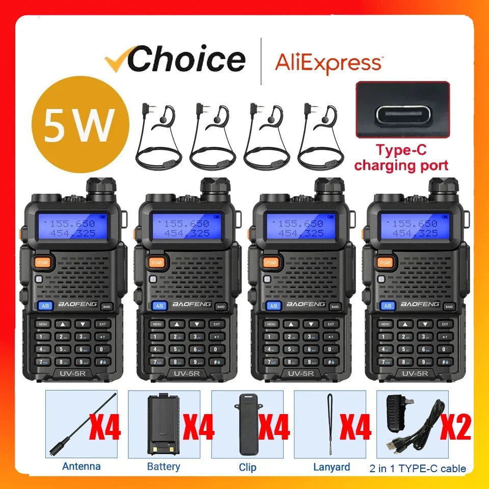 4-pack Baofeng UV-5R 5W dual-band handheld radios with 4 antennas, 4 batteries, clips, lanyards and 2 Type-C cables