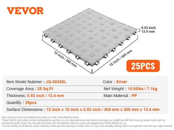 Interlocking garage floor tiles by S And B Enterprise, 25-piece silver non-slip, 12x12 inch tiles, 0.53 in thick.