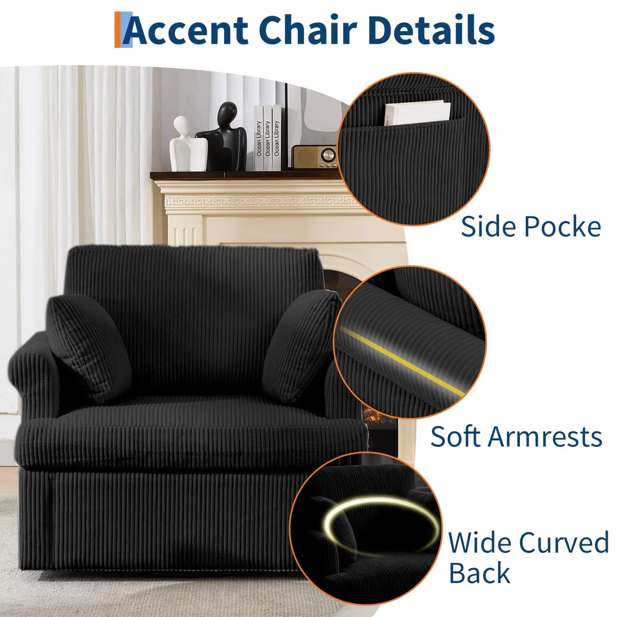 Corduroy barrel accent chair in black by S And B Enterprise, 39-Inch with side pockets and two pillows.