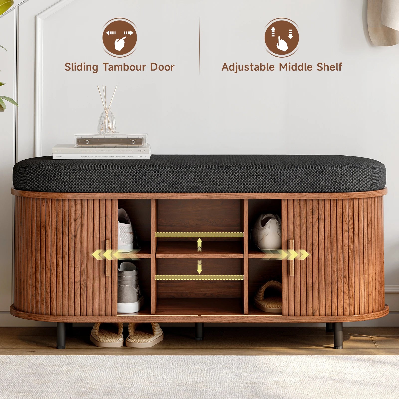 43.3 inch wooden 3-tier shoe storage bench with cushioned top and sliding tambour door.