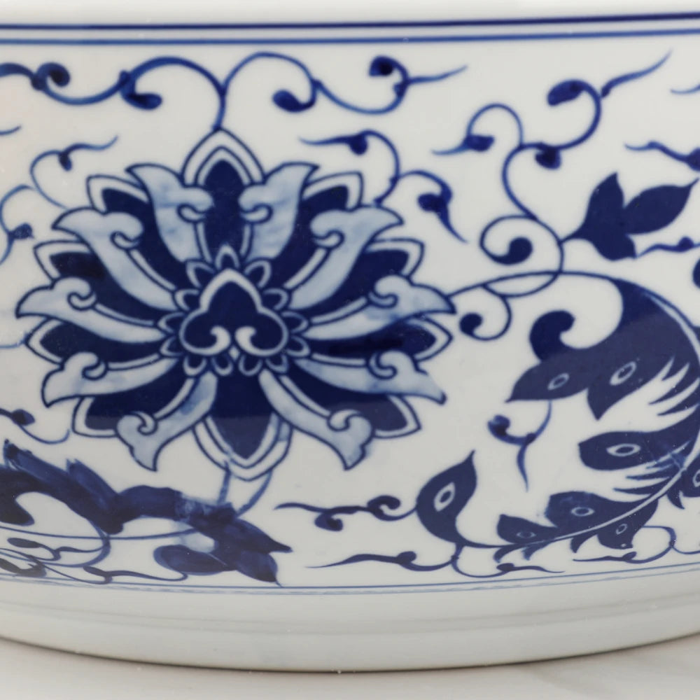 Ceramic bathroom vessel sink, round white porcelain with blue floral pattern; S And B Enterprise
