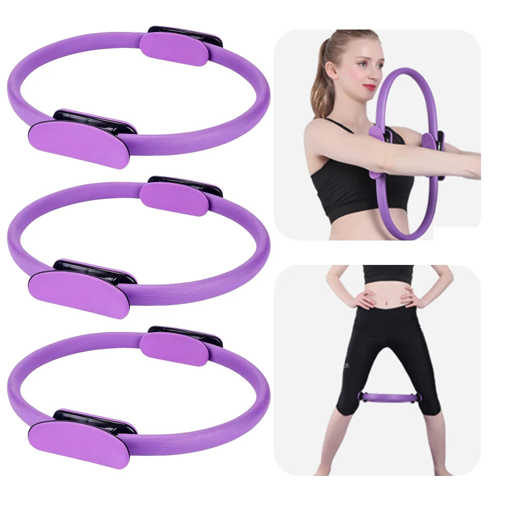 Pilates ring with non-slip handles, purple; set of five rings shown, with model using one for arm and thigh workouts.