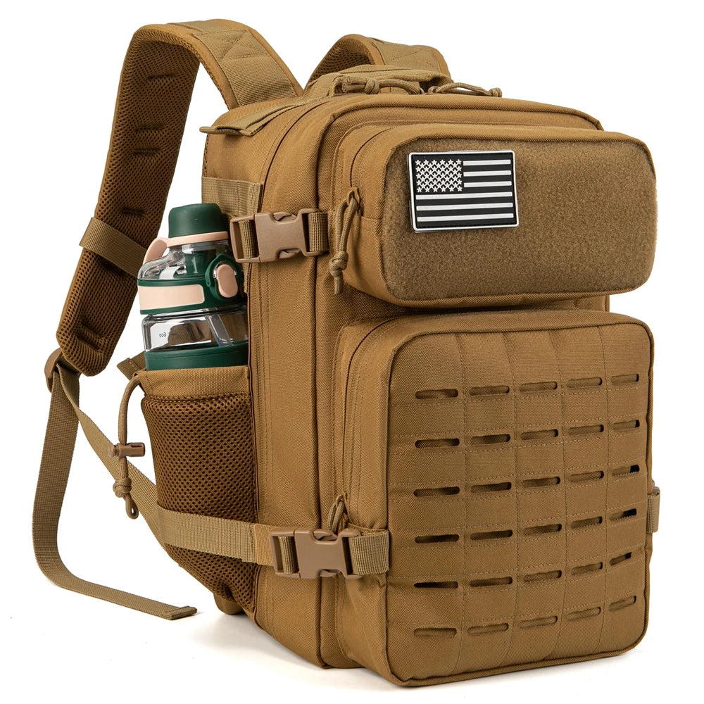 25L tactical backpack, tan color with MOLLE front panel, side water bottle pocket, and top utility pouch