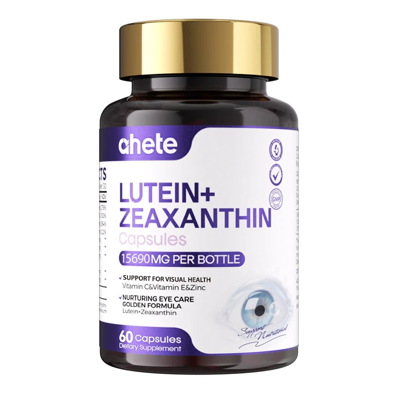 AHETE Lutein+Zeaxanthin capsules bottle with purple label and gold cap, 60 capsules per bottle