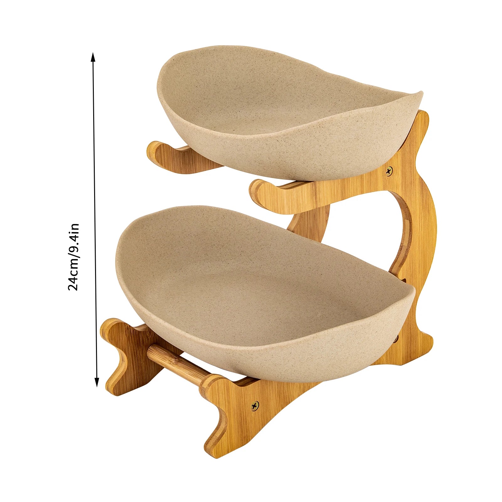 Two-tier fruit stand with three beige speckled stoneware bowls on a natural bamboo frame.