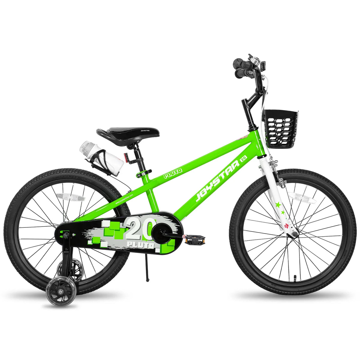 JOYSTAR kids' bicycle in bright green with training wheels, front basket, and water bottle