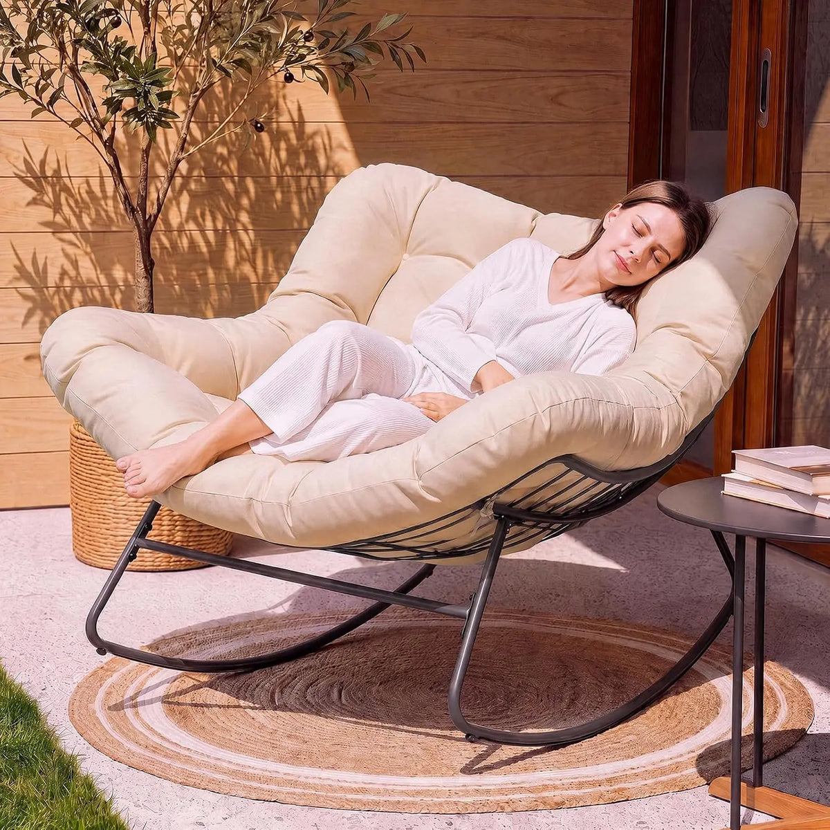 Papasan Rocking Chair, Oversized Patio Lounge Chair, 450 lbs | Oversized Comfort, Smooth & Quiet Rocking, Thick Cushioned Seat,
