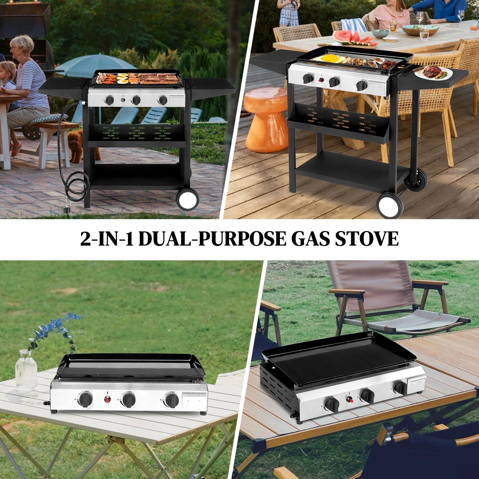 34" Outdoor Griddle Station with Side Shelf, 3 Burner Flat Top Gas Grill Propane by S And B Enterprise