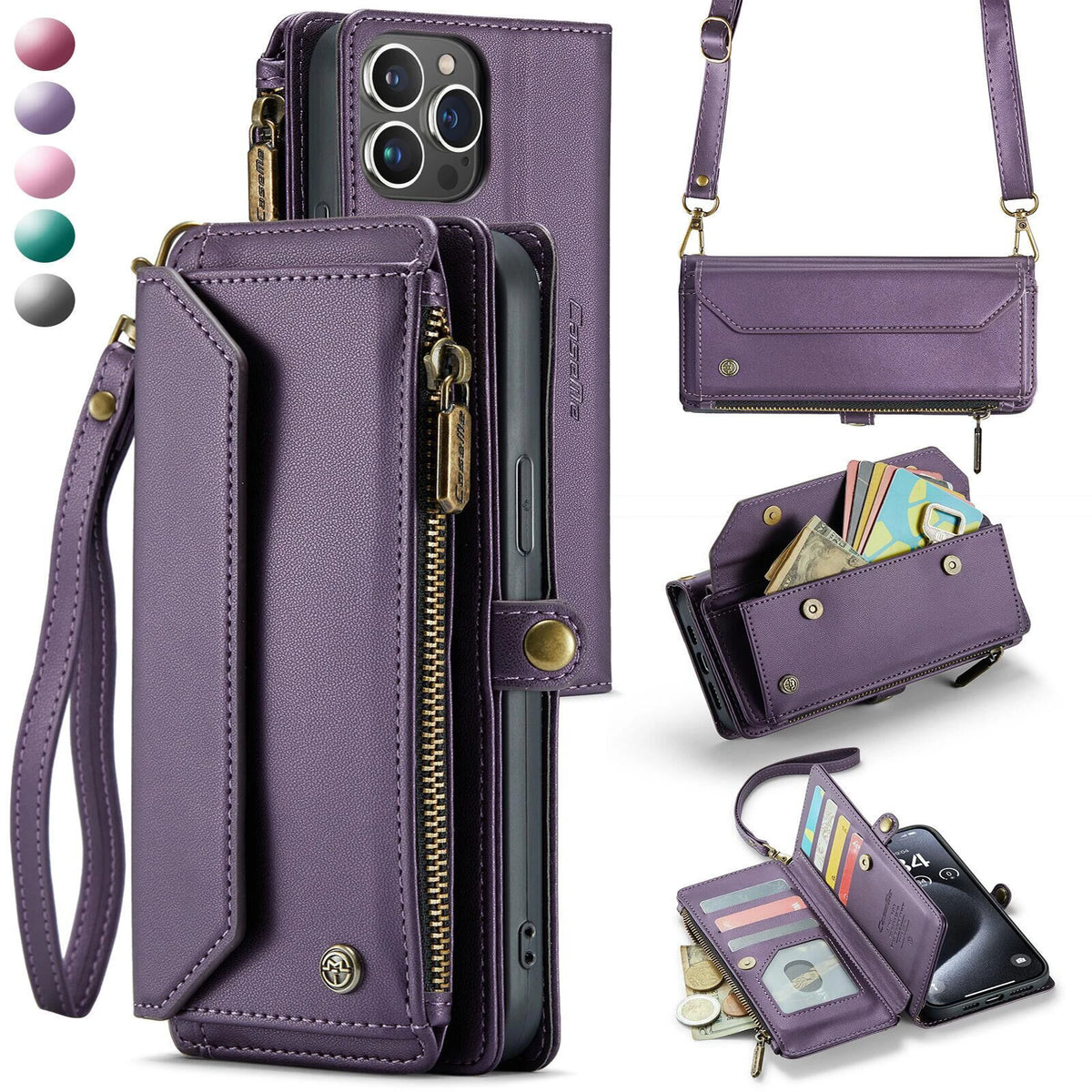 S And B Enterprise purple leather crossbody wallet case for iPhone 15–XR, RFID blocking, 7-card slots