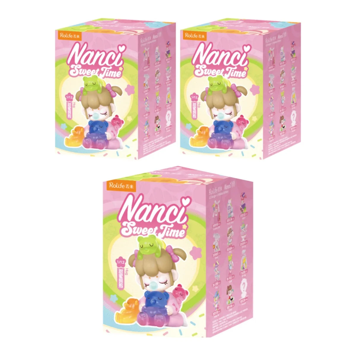 Nanci Sweet Time blind box collectible dolls by Rolife; pink pastel packaging, 3 display boxes shown.