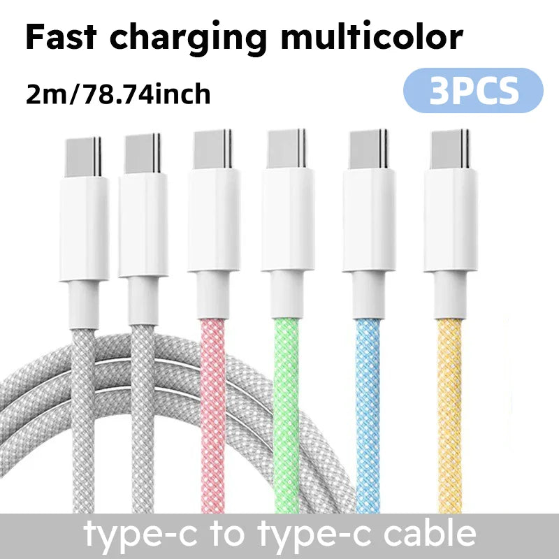 3-pack nylon braided Type-C to Type-C charging cables, multicolor, 6 ft, 60W