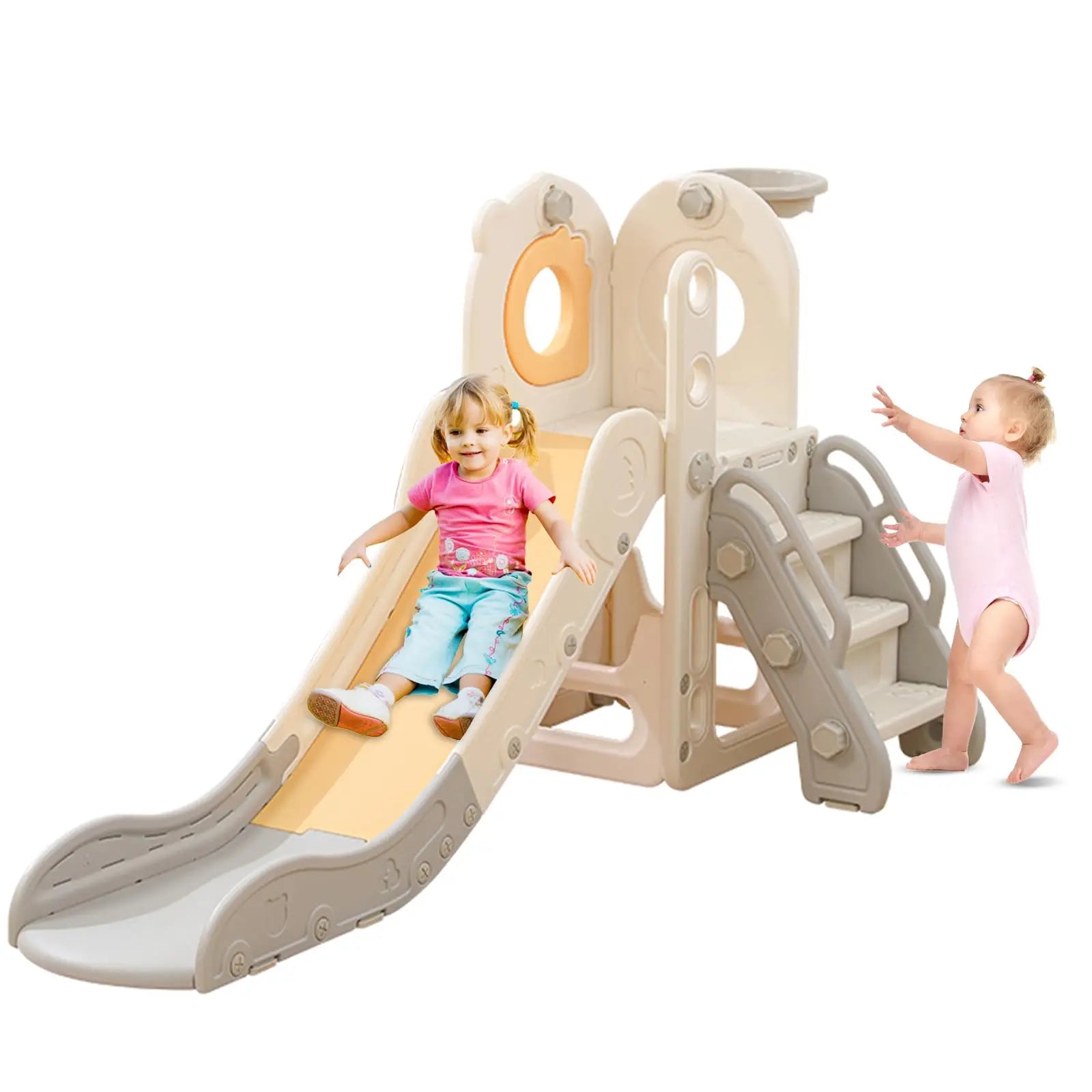 Freestanding Toddler Slide, 5 in 1 Kids Indoor Playset for Toddlers 1-3，L Shaped Slide with Basketball Hoop，Baby Climber for Indoor Outdoor for Boys and Girls Birthday, Sturdy Playground Toy by S And B Enterprise