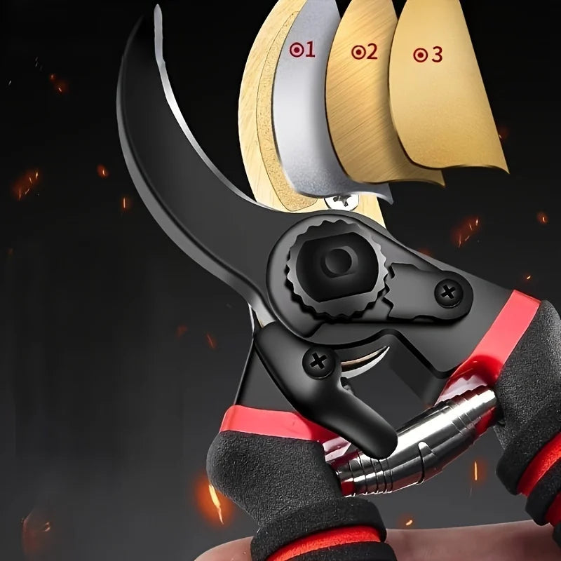 Pruning shears by S And B Enterprise with SK-5 carbon steel blade and red handles