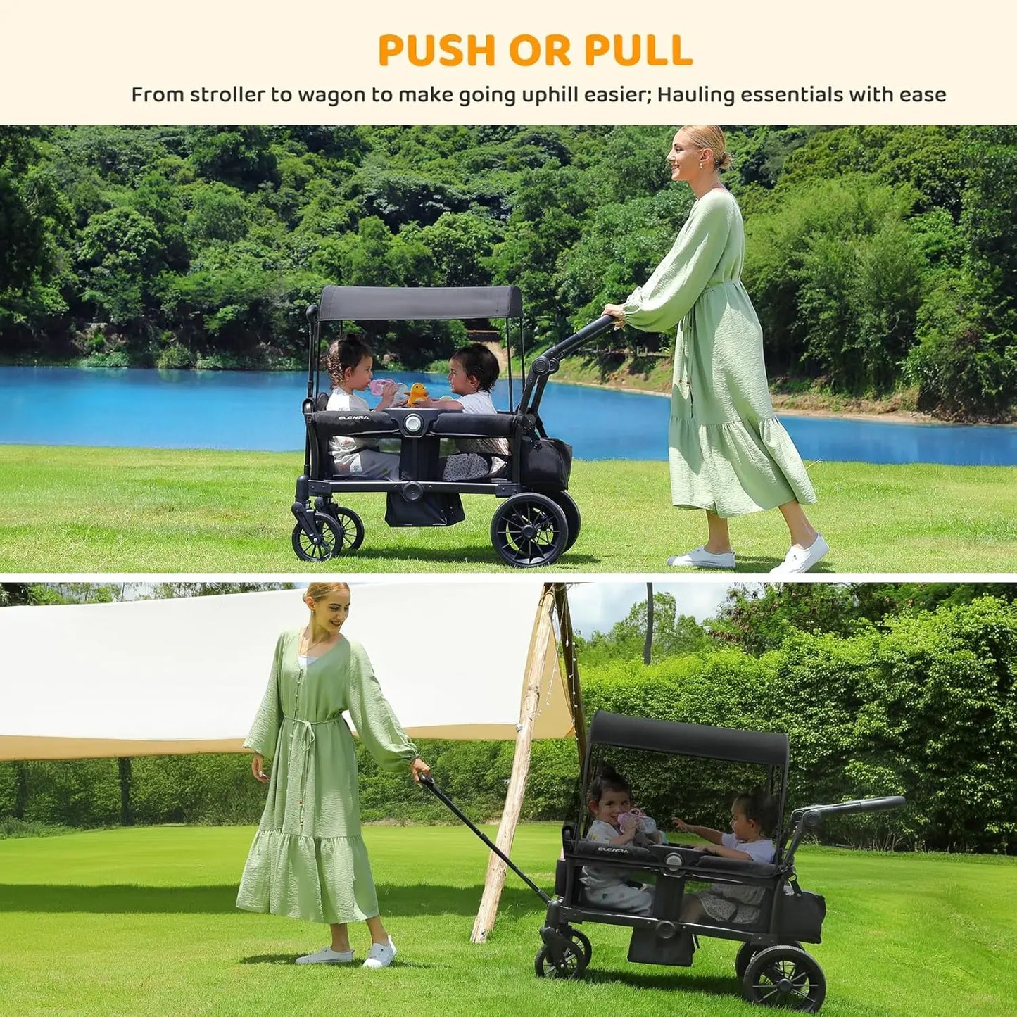 Foldable All-Terrain Wagon Stroller for Two Kids With Removable Canopy