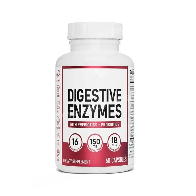 Digestive Enzymes dietary supplement bottle, white with red label, 60 capsules, S And B Enterprise