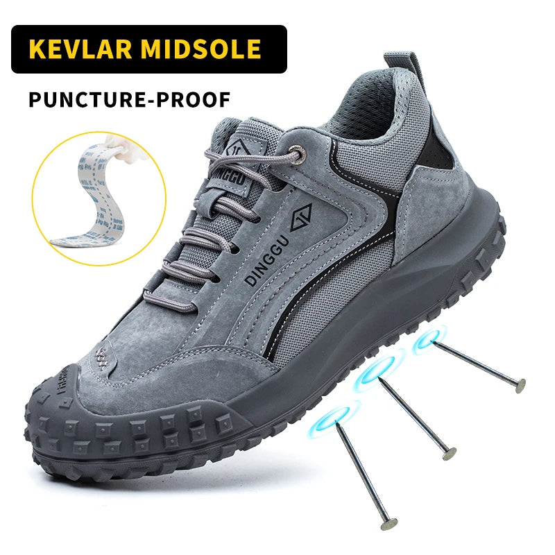 Men's safety work shoe by DINGGU, gray with steel toe, puncture-proof Kevlar midsole, rugged outsole