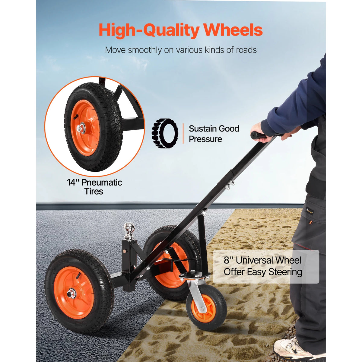 S And B Enterprise trailer dolly with orange 14in pneumatic tires on carbon steel frame; height adjustable for moving cargo