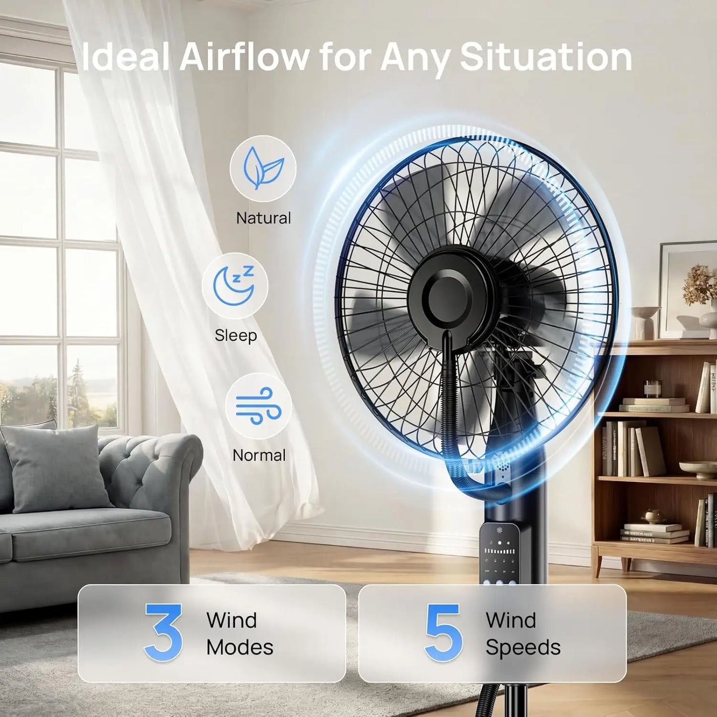 Misting Floor Fan With Advanced 5 Speeds 3 Modes Operation
