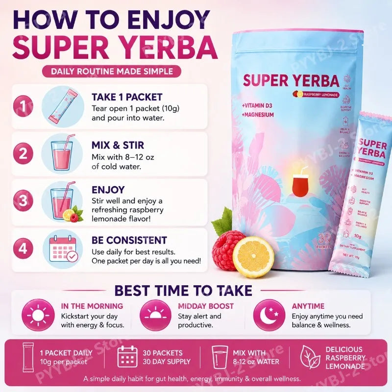 Yerba Instant Powder 30 Packets Contain Raspberry Lemonade Flavor Vitamin D3 Prebiotics Support Gut Clean and Provide Energy by S And B Enterprise