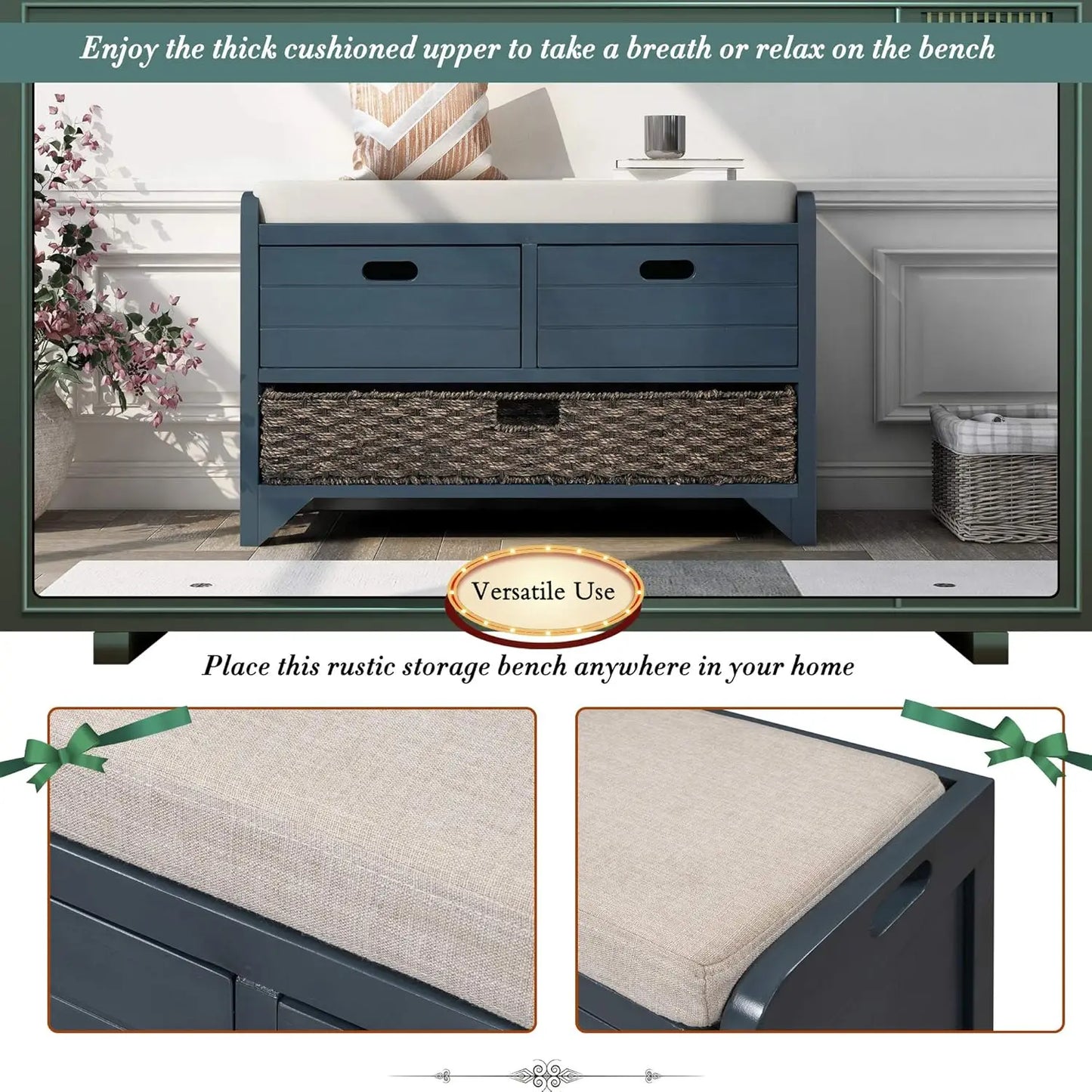 Upholstered Storage Bench for Entryway, Wood Storage Ottoman with Removable Basket and 2 Drawers, Farmhouse Shoe, Customized