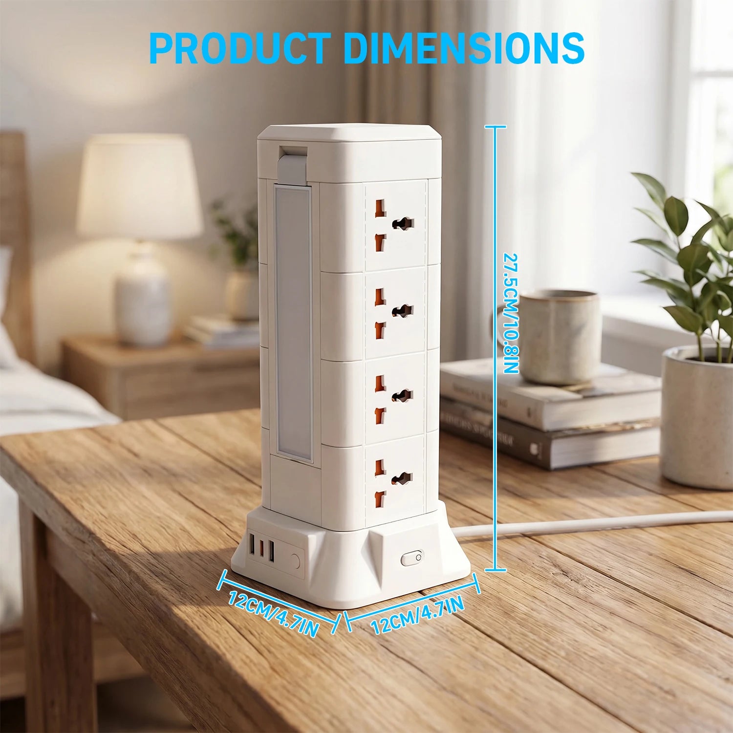 White power strip tower with 12 AC outlets, 3 USB ports (1 USB-C) and flat plug