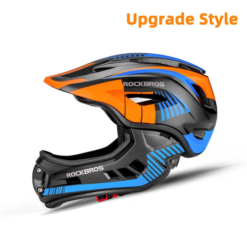 ROCKBROS child cycling helmet with detachable full-face shell in orange, blue, black.
