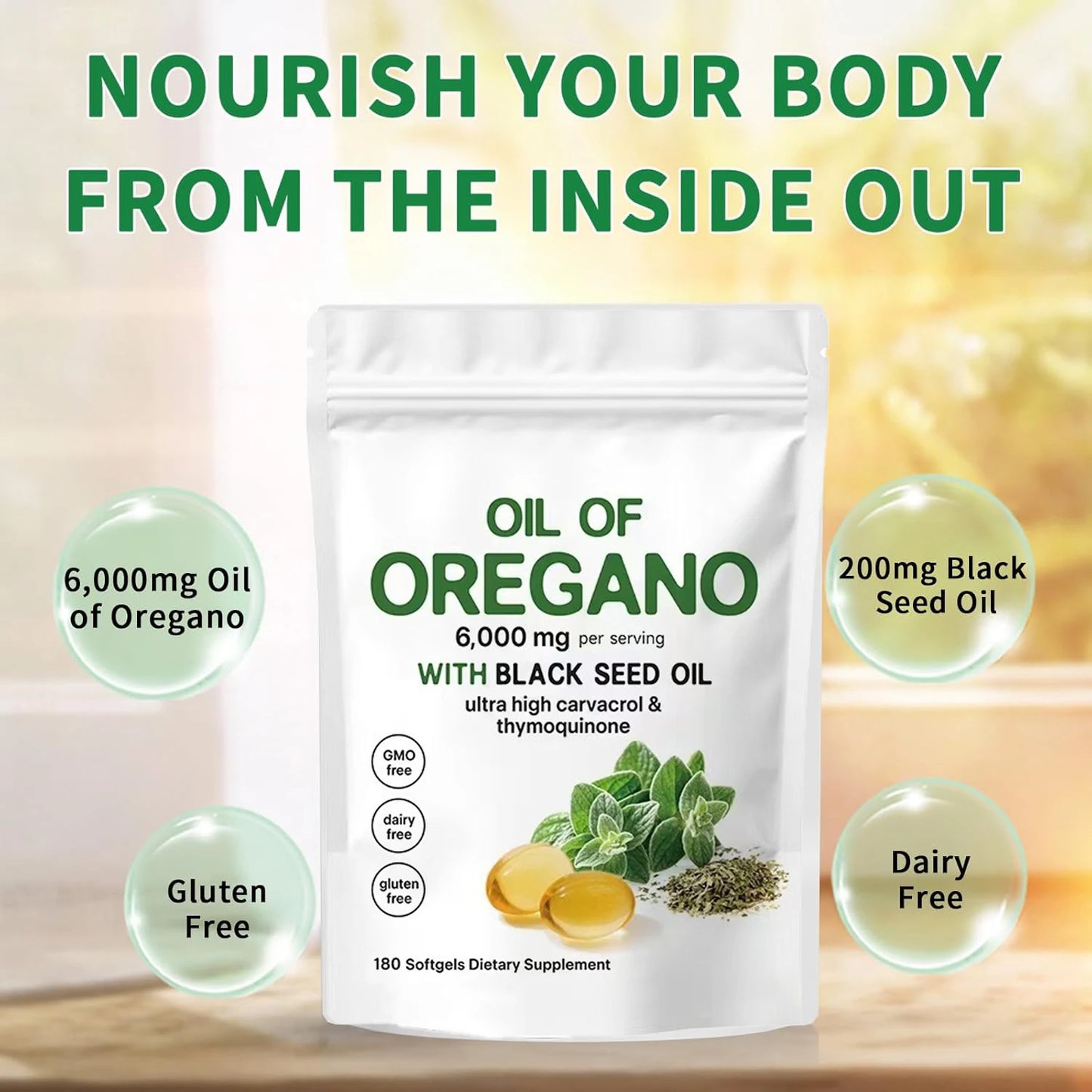 Oil Of Oregano Softgels with Black Seed Oil 6000mg - Premium Grade Oregano Oil Capsules for Immune & Digestive Support - Non-GMO