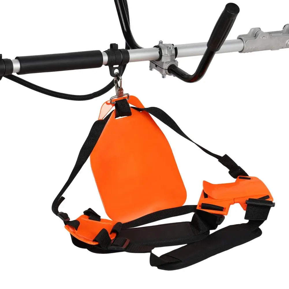 S And B Enterprise orange weed wacker backpack harness with black adjustable straps