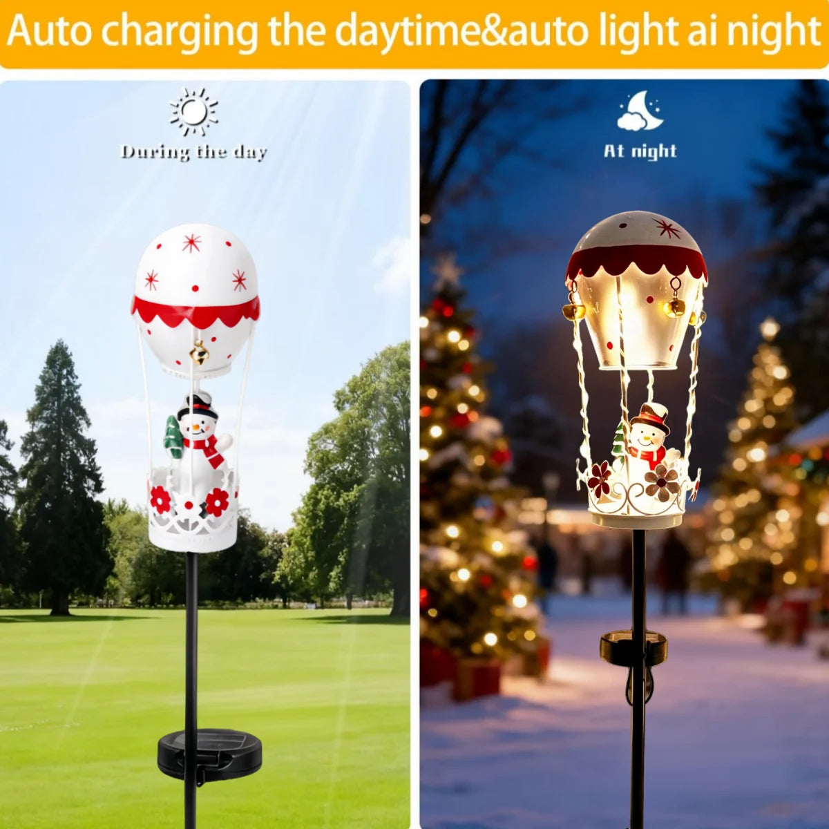 Outdoor garden solar stake light by S And B Enterprise; Santa on a red-and-white hot-air balloon lantern, two views day and night